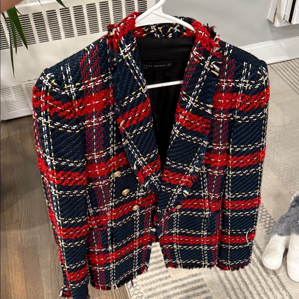 Zara Red & Navy Plaid Tweed Blazer